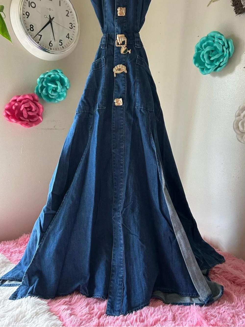 One left Dark Blue Denim Maxi Dress with Statement Buttons size 10 - Picture 4 of 8
